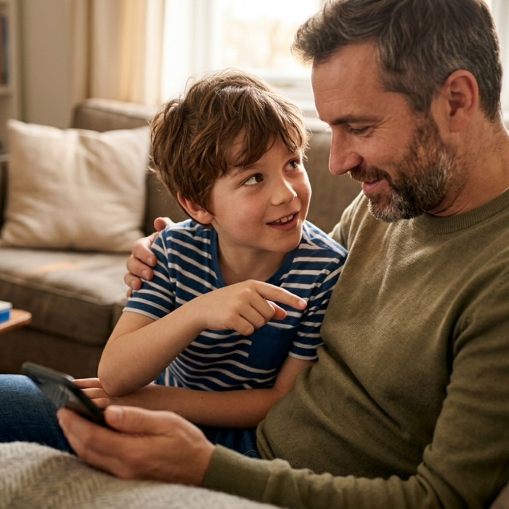 Förälder och barn använder Jag med Andra